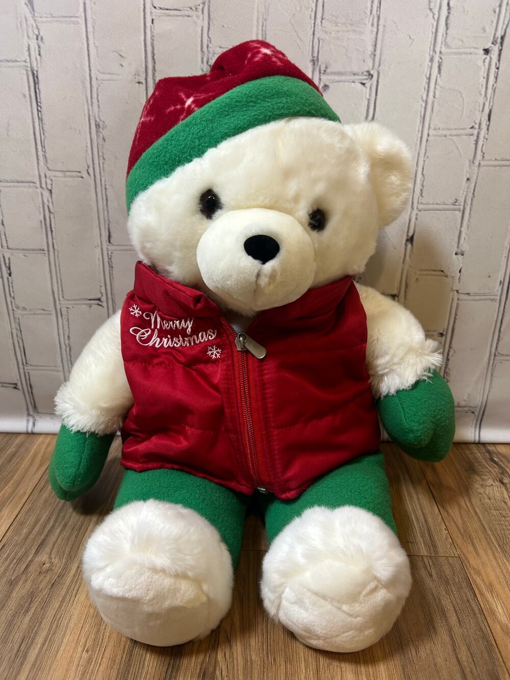 Caltoy Christmas Teddy Bear 20.5” White Plush Merry Christmas Vest Hat Holiday